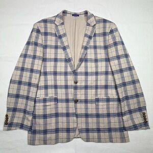 Alan Flusser Windowpane Plaid Tan Blue Cotton Stretch Blazer Preppy Hipster GUC